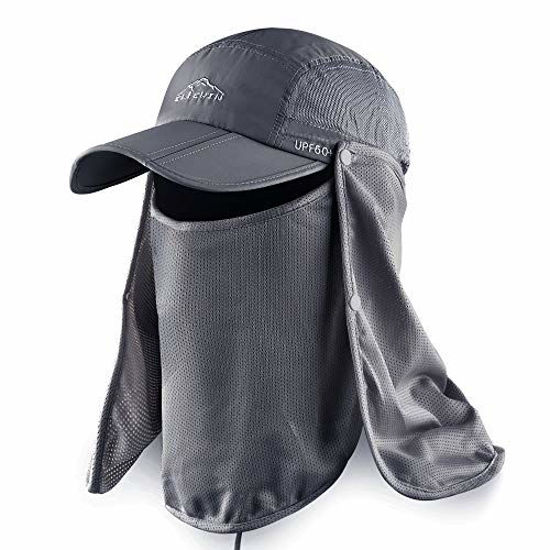 ELLEWIN Outdoor Fishing Flap Hat UPF50 Sun Cap Removable Mesh Face Neck  Cover, D-grey/ Mesh Neck Cover, M-L-XL