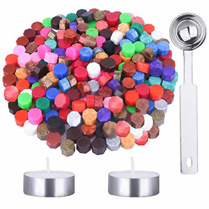 Picture of Ancefine 240 Pcs Octagon Sealing Wax Beads Kit with 2Pcs Tea Candle and 1Pc a Wax Melting Spoon for Wax Seal Stamp