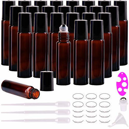 Picture of INICE 24 Pack 10ml Roll On Bottles Amber Thick Glass Roller Bottle Big Steel Roll Ball for Aromatherapy Essential Oils (24 Labels, 3 Droppers, 1 Funnel, 1 Extra Roller Balls, 1 Bottle Opener)