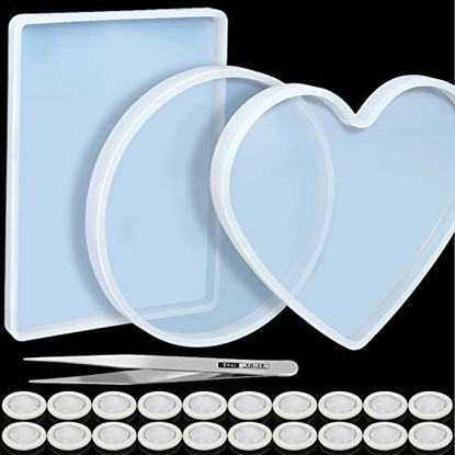 Picture of 3 Pcs Large Resin MoldLEOBRO Flexible Silicone Molds, Include Round, Rectangle, Heart Shaped Coaster Mold, Decorative Mold, Come With 20 Pcs Finger Cots, 1Pcs Tweezers