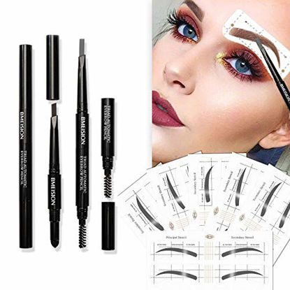 Picture of Eyebrow Stencils SET with 36 Pairs Eyebrows Shape Stickers Reusable for Women. Also 3-in-1 Black Eyebrow Pencil that includes Powder & Brush. Easy Eyebrow Grooming & Styling