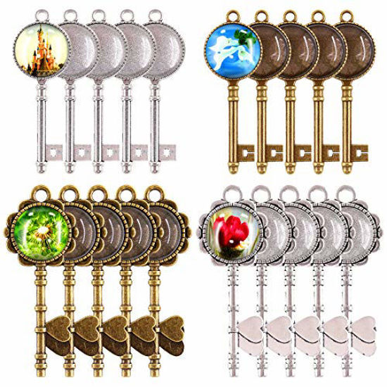 Picture of Glarks 48-Pieces Vintage Pendant Trays Set, 24pcs Skeleton Keys Pendant Trays with 24pcs Bright Glass Dome Tiles Cabochon for DIY Wedding Party Gifts Jewelry Necklace Pendants Decoration