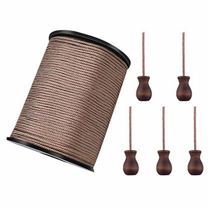 Picture of WXJ13 One Roll 50 Yards Brown Braided Nylon Lift Shade Cord with 5 Pack Brown Wood Cord Knobs, 1.8 mm (Brown)