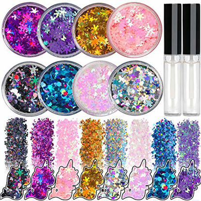 Picture of 8 Jars of Cosmetic Chunky Glitter Shimmer Body Face Hair Eye Musical Festival Carnival Dance Halloween Party Beauty Makeup Temporary Tattoos Multicolored (80g/2.82oz)+FREE Quick Dry Glitter Glue(10ml)