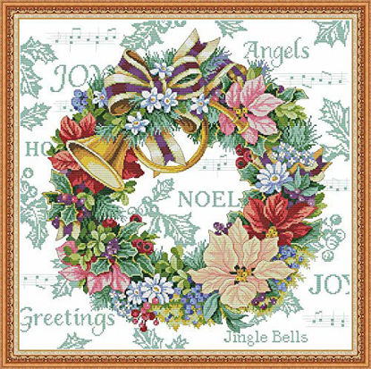 Picture of Printed Cross Stitch Kits 11CT 27X27 inch 100% Cotton Holiday Gift DIY Embroidery Starter Kits Easy Patterns Embroidery for Girls Crafts DMC Stamped Cross-Stitch Supplies Needlework Honliday Wreath