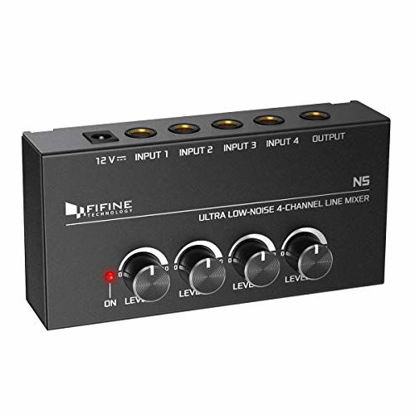 Picture of FIFINE Ultra Low-Noise 4-Channel Line Mixer for Sub-Mixing,4 Stereo Channel Mini Audio Mixer with AC adapter.Ideal for Small Club or Bar. As Microphones,Guitars,Bass,Keyboards or Stage Sub Mixer-N5