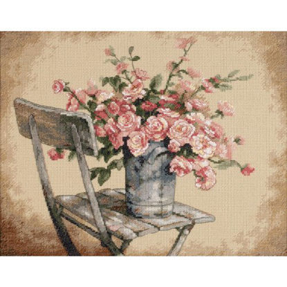 Picture of DIMENSIONS Roses on White Chair Counted Cross Stitch Kit, 14 Count Beige Aida, 14" x 11"