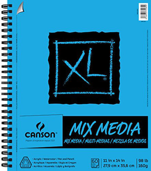 Picture of Canson 100510929 XL Series Mix Paper Pad, Heavyweight, Fine Texture, Heavy Sizing for Wet and Dry Media, Side Wire Bound, 98 Pound, 11 x 14 in, 60 Sheets, 11"X14", 0