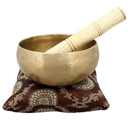 Picture of 5.5" Tibetan Singing Bowl for Meditation, Sound Healing, Yoga & Sound Therapy. Made of 7 metals. Silk Cushion, Wooden Mallet, Box & Tingsha included by thamelmart