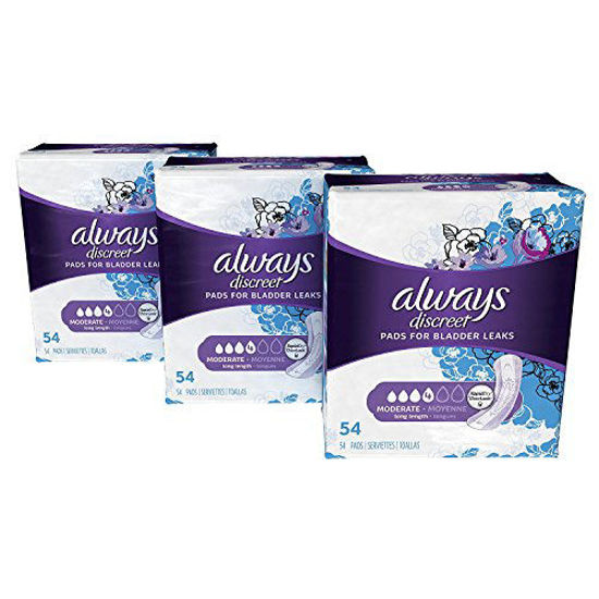 GetUSCart- Always Discreet Incontinence & Postpartum Incontinence Pads for  Women, 162 Count, Moderate Absorbency, Long Length (54 Count, Pack of 3 -  162 Count Total)
