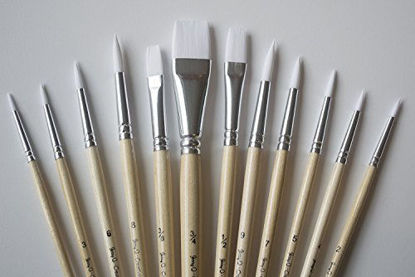 Picture of Jerry Q Art 12 PC White Synthetic Hair Round and Flat Paint Brush Set with Short Wood Handle for Acrylic, Watercolor and All Media JQ17931