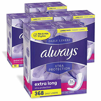 Picture of Always Xtra Protection Dailies Feminine Panty Liners for Women, Extra Long, 368 Count, Unscented (92 Count, Pack of 4 - 368 Count Total)