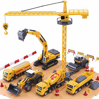 Picture of iPlay, iLearn Construction Site Vehicles Toy Set, Kids Engineering Playset, Tractor, Digger, Crane, Dump Trucks, Excavator, Cement, Steamroller, Birthday Gift for 3 4 5 Year Old Toddlers Boys Children