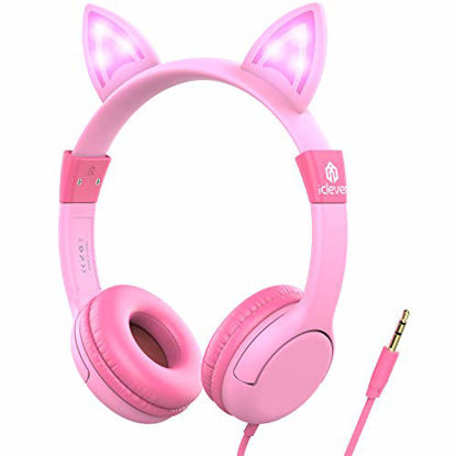 Picture of iClever Kids Headphones with Led Backlight, Safe Wired Kids Headsets 85dB Volume Limited, Food Grade Silicone, Cat-Inspired Headphones for Kids Edition Tablet/Travel, Pink