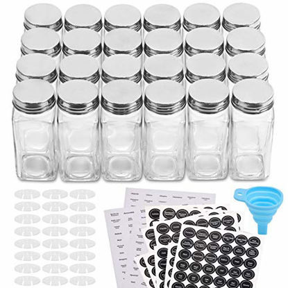 Picture of Aozita 24 Pcs Glass Spice Jars/Bottles - 4oz Empty Square Spice Containers with 810 Spice Labels - Shaker Lids and Airtight Metal Caps - Silicone Collapsible Funnel Included