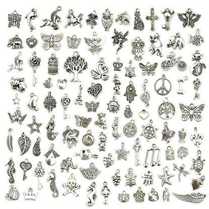 Picture of JIALEEY Wholesale Bulk Lots Jewelry Making Silver Charms Mixed Smooth Tibetan Silver Metal Charms Pendants DIY for Necklace Bracelet Jewelry Making and Crafting, 100 PCS