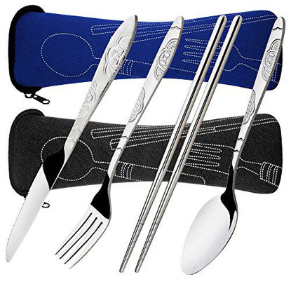 Picture of 8 Pieces Flatware Sets Knife, Fork, Spoon, Chopsticks, SENHAI 2 Pack Rustproof Stainless Steel Tableware Dinnerware with Carrying Case for Traveling Camping Picnic Working Hiking(Dark Blue,Black)