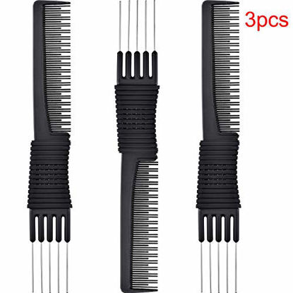 Picture of 3 Pack Black Carbon Lift Teasing Combs with Metal Prong, Salon Teasing Back Combs, Black Carbon Comb with Stainless Steel Lift (Style A)