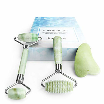 Picture of Kimkoo Jade Roller for Face-3 in 1 Kit with Gua Sha Massager Tool,100% Real Natural Jade Stone Facial Roller Anti Aging,Face Beauty Set for Eye Anti-Wrinkle for Women