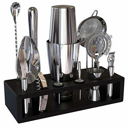 Picture of Highball & Chaser Bartender Kit with Espresso Bamboo Stand Cocktail Shaker Set with Bar Tools Stainless Steel Boston Shaker Bartender Kit with Stand (Silver)