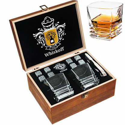 Picture of Whiskey Stones Gift Set - Heavy Base Glasses For Scotch Bourbon Drinker- Whisky Rocks Chilling Stones in Wooden Gift Box - Burbon Gift Set for Men - Idea for Birthday, Anniversary, Fathers Day
