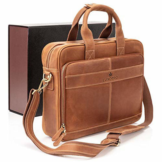 Picture of Luxorro Leather Briefcases for Men | Soft, Full Grain Leather Laptop Bag for Men W/Hand Stitching That Will Last A Lifetime | Slim But Spacious | Fits 15-inch Laptops, Light Brown