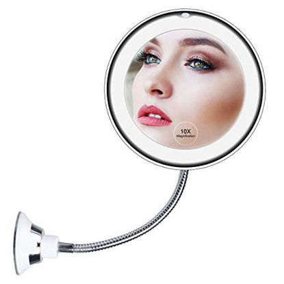 Picture of 10X Magnifying Mirror with Lights, Flexible Mirror as seen on TV, Powerful Suction Cup, 360° Swivel Flexible Gooseneck Makeup Mirror for Bathroom Shaving Travel Vanity, Cordless
