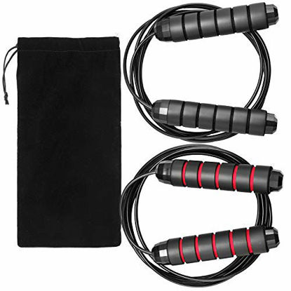 Picture of Jump Ropes, Hudii Smooth Ball Bearing Skipping Ropes with 6 Foam Hand Grip, 2 Pack Length Adjustable Jump Ropes with Carrying Bag - Red&Black