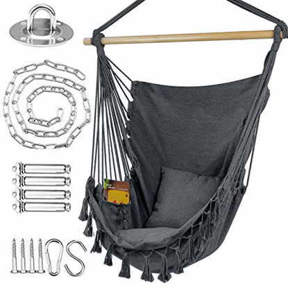 Picture of WBHome Hammock Chair Swing, Hanging Rope Macrame Chair w/Hardware Kit, Max. Weight 330 Lbs, Cotton Canvas, Include Carry Bag & Two Seat Cushions, for Bedroom, Porch, Patio, Indoor, Outdoor (Grey)