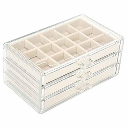 Picture of FEISCON Acrylic Jewelry Organizer Makeup Cosmetic Storage Organizer Box Clear Jewelry Case with 3 Drawers Adjustable Jewelry Box Velvet Trays Grid Size