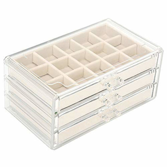 Picture of FEISCON Acrylic Jewelry Organizer Makeup Cosmetic Storage Organizer Box Clear Jewelry Case with 3 Drawers Adjustable Jewelry Box Velvet Trays Grid Size