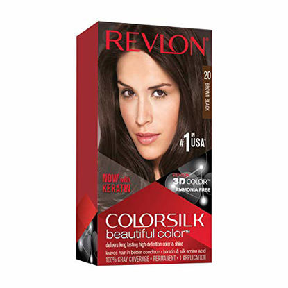 Picture of Revlon Colorsilk Beautiful Color Permanent Hair Color with 3D Gel Technology & Keratin, 100% Gray Coverage Hair Dye, 20 Brown Black