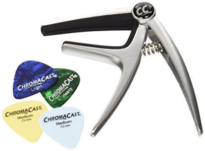 Picture of ChromaCast CC-GCP6-SIL-KIT Six String Single Handed Quick Change Capo for Acoustic and Electric Guitars with Pick Sampler