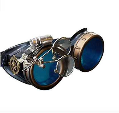 Picture of Enjoy Your Steampunk Victorian Style Goggles with Compass Design, Azure Blue Lenses & Ocular Loupe