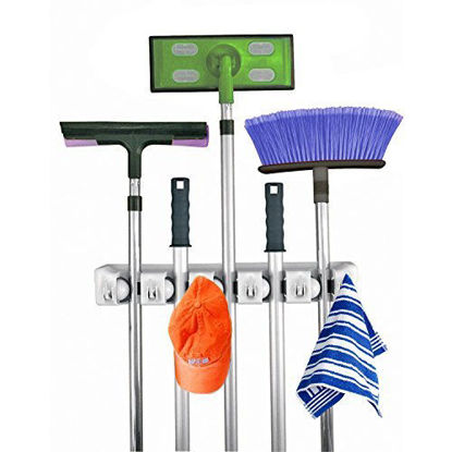Picture of Home- It Mop and Broom Holder, 5 Position with 6 Hooks Garage Storage Holds up to 11 Tools, Storage Solutions for Broom Holders, Garage Storage Systems Broom Organizer for Garage Shelving Ideas