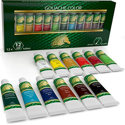Picture of Gouache Paint Set - 12 x 12ml Tubes - Artist Quality Colors for Art on Watercolor Paper, Illustration Board, Artboard & Masonite - Includes Black and White - Professional Supplies by MyArtscape