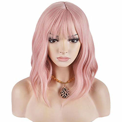 Picture of RightOn 14 Inches Women Girls Short Curly Synthetic Wig with Bangs Lovely Pink