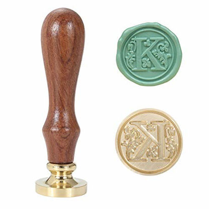 Picture of Yoption Letter K Wax Seal Stamp, Vintage Brass Head Wooden Handle Alphabet Initial Sealing Stamp Removable for Wedding Invitation (K)