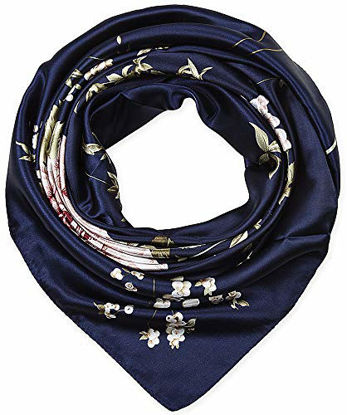 Picture of Corciova 35" Large Women's Satin Square Silk Feeling Hair Scarf Wrap Headscarf Navy Floral Flowers Pattern