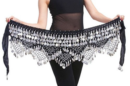 Picture of Aivtalk Women Belly Dance Wrap Gypsy Skirts with Coins Sequins Hip Scarf Black & Silver