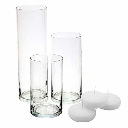 Picture of Royal Imports Glass Cylinder Vases - Set of 3 - Including 3 Floating DISC Candles, Decorative Centerpieces for Home or Wedding