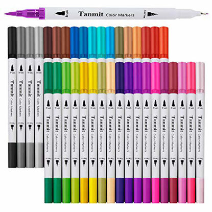 Picture of Dual Tip Brush Marker Pens, Tanmit 0.4 Fine Tip Markers & Brush Highlighter Pen Set of 36 for Bullet Journaling Adults Coloring Book Note Taking Writing Planning Art Project