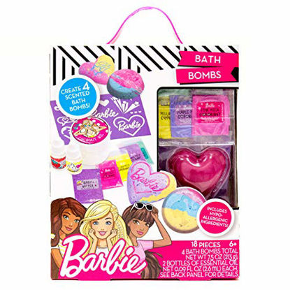 Picture of Barbie Make Your Own Bath Bomb Kit by Horizon Group USA, DIY Four Custom Colorful & Sweet-Smelling Bath Bombs, Includes Stencil, Glitter, Molds, Fragrances & More, Pink, Yellow, Teal & Purple