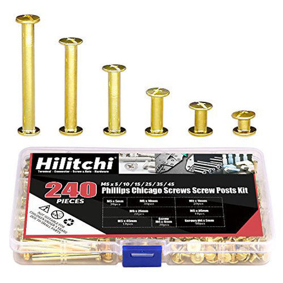 Picture of Hilitchi 120-Sets M5 x 5/10 / 15/25 / 35/45 Brass Plated Phillips Chicago Screw Posts Binding Screws Assortment Kit for Scrapbook Photo Albums Binding, Leather Repair - Gold