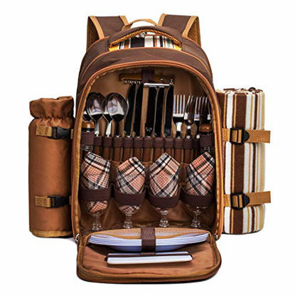 Picture of apollo walker Picnic Backpack Bag for 4 Person with Cooler Compartment,Wine Bag, Picnic Blanket(45"x53"),Best for Family and Lovers Gifts (Brown)