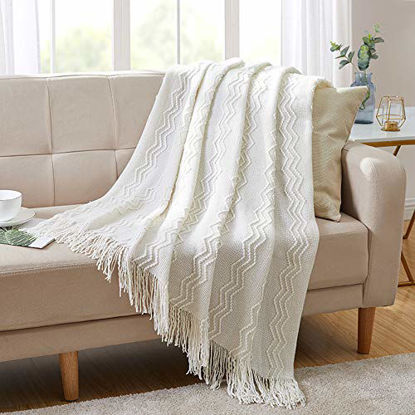 Picture of BOURINA Throw Blanket Textured Solid Soft for Sofa Couch Decorative Knitted Blanket, 50" x 60",Off White