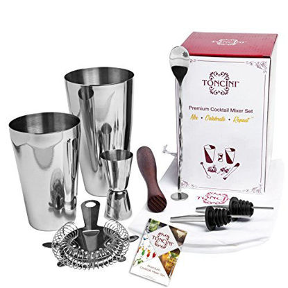 Picture of Professional Bartender Kit Cocktail Shaker Set by Toncini | Bartending Tools & Accessories | Stainless Steel Martini Shaker, Strainer, Jigger, Pourers, Muddler, Mixing Spoon, Recipe Book & Velvet Bag