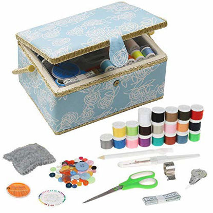 Picture of Large Sewing Box with Kit Accessories Sewing Basket Organizer with Supplies DIY Sewing Kits for Adults, Blue