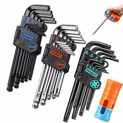Picture of REXBETI Hex Key Allen Wrench Set, SAE Metric Long Arm Ball End Hex Key Set Tools, Industrial Grade, Bonus Free Strength Helping T-Handle, S2 Steel (35 Pieces hex key wrench set + T-Handle)