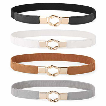 Picture of Women Skinny Belt for Dresses Retro Stretch Ladies Waist Belt Plus Size Set of 4(Fits Waist 25-31 Inches,Black+Brown+White+Gray)